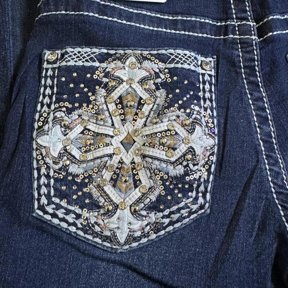 ੈ✩‧₊˚y2k style dark wash embroidered rhinestone pocket midrise bootcut jeans - Picture 3 of 7